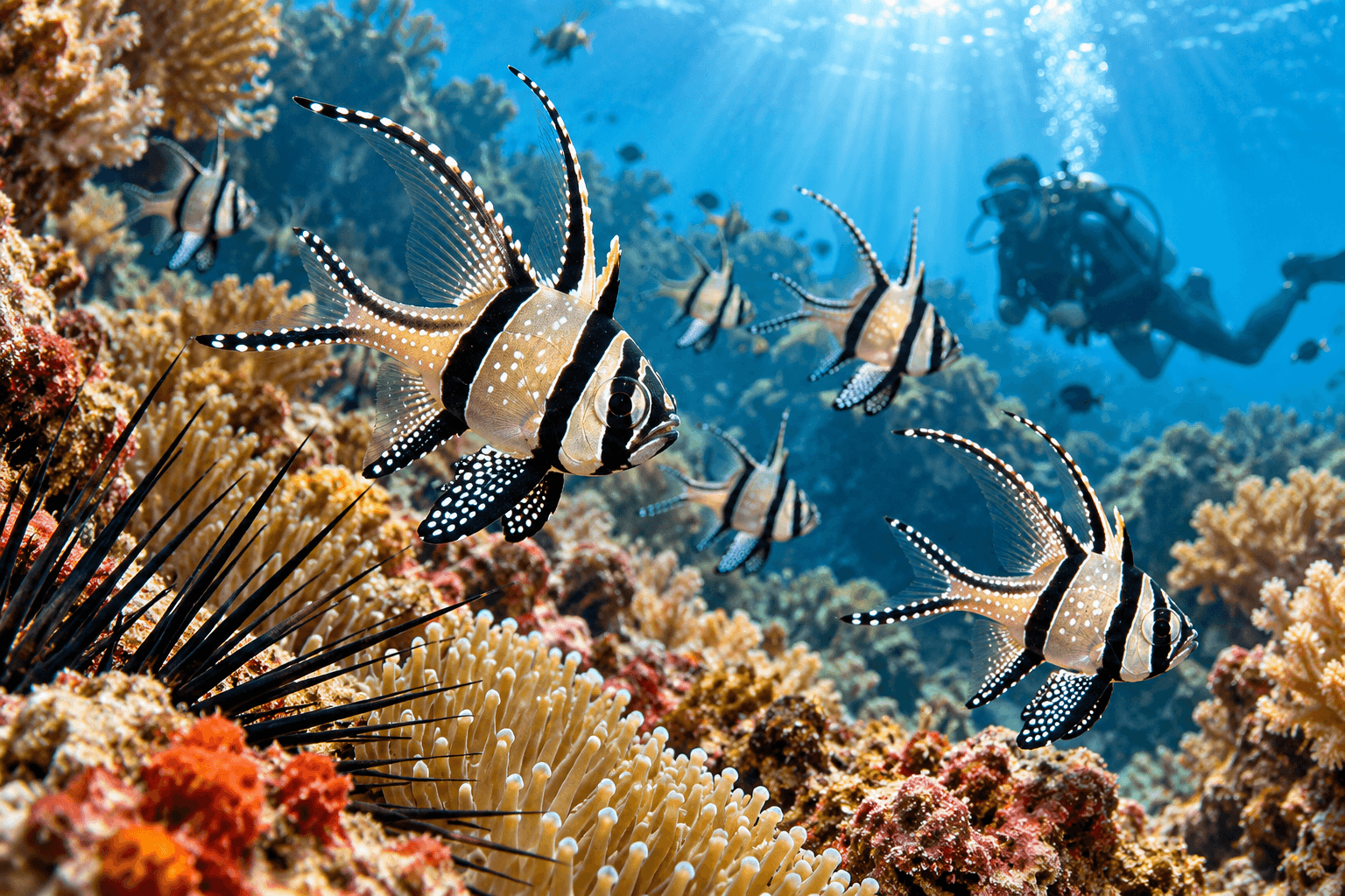 Banggai Cardinalfish swimming among coral reefs and sea urchins while a diver explores the underwater habitat in Banggai Islands, Indonesia.