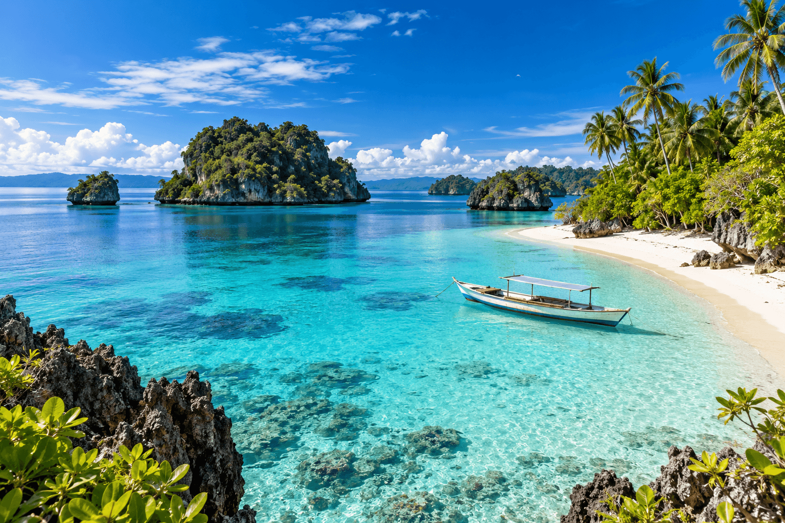 Banggai Islands tropical beach with crystal clear turquoise water, white sand, palm trees, coral reefs, and traditional boat during the best travel season.