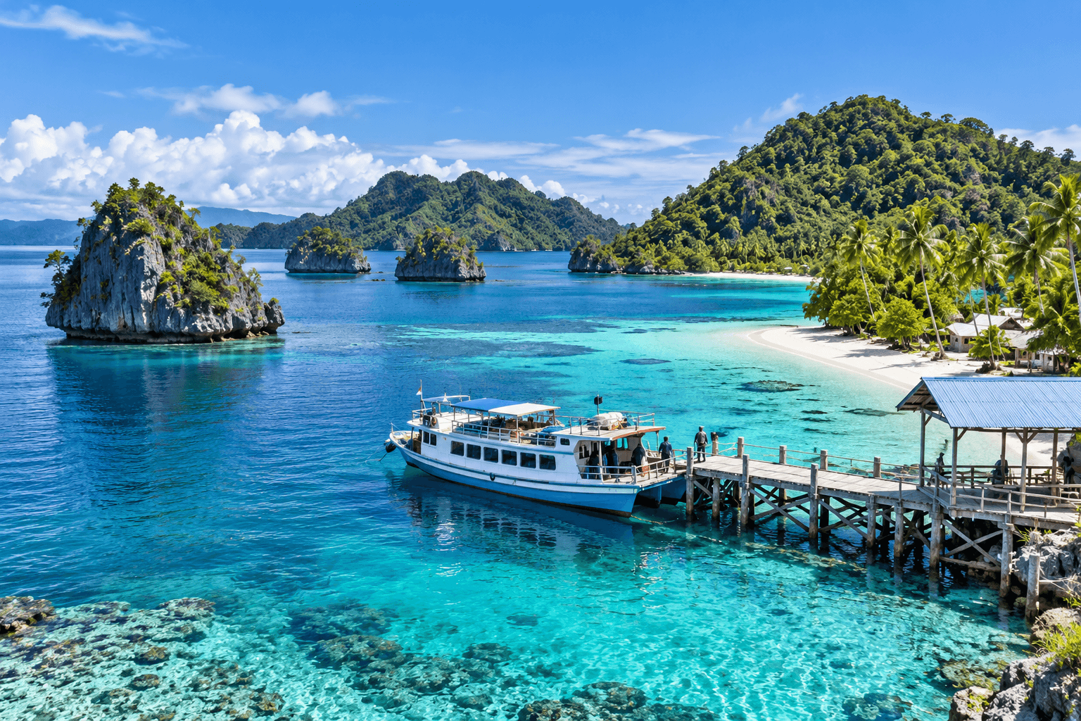 Ferry arriving at Banggai Islands with crystal clear turquoise water, tropical beaches, green islands, and a wooden pier in Central Sulawesi, Indonesia.