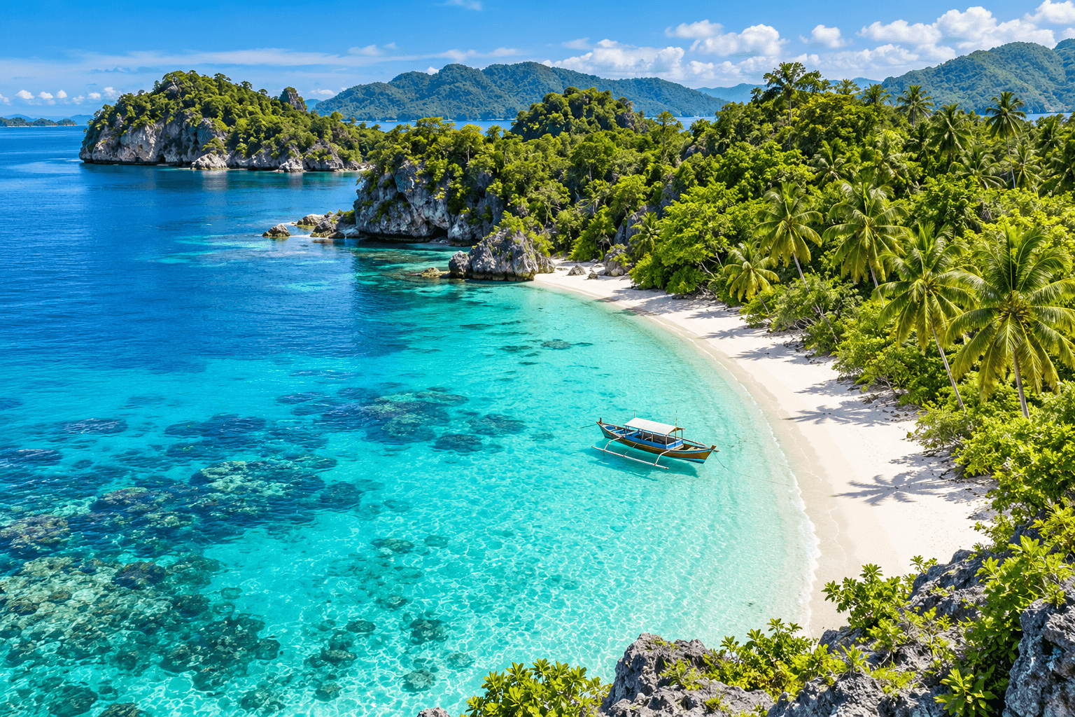 Labobo Island tropical beach with crystal clear turquoise water, white sand, coral reefs, palm trees, and traditional boat in Banggai Islands, Indonesia.