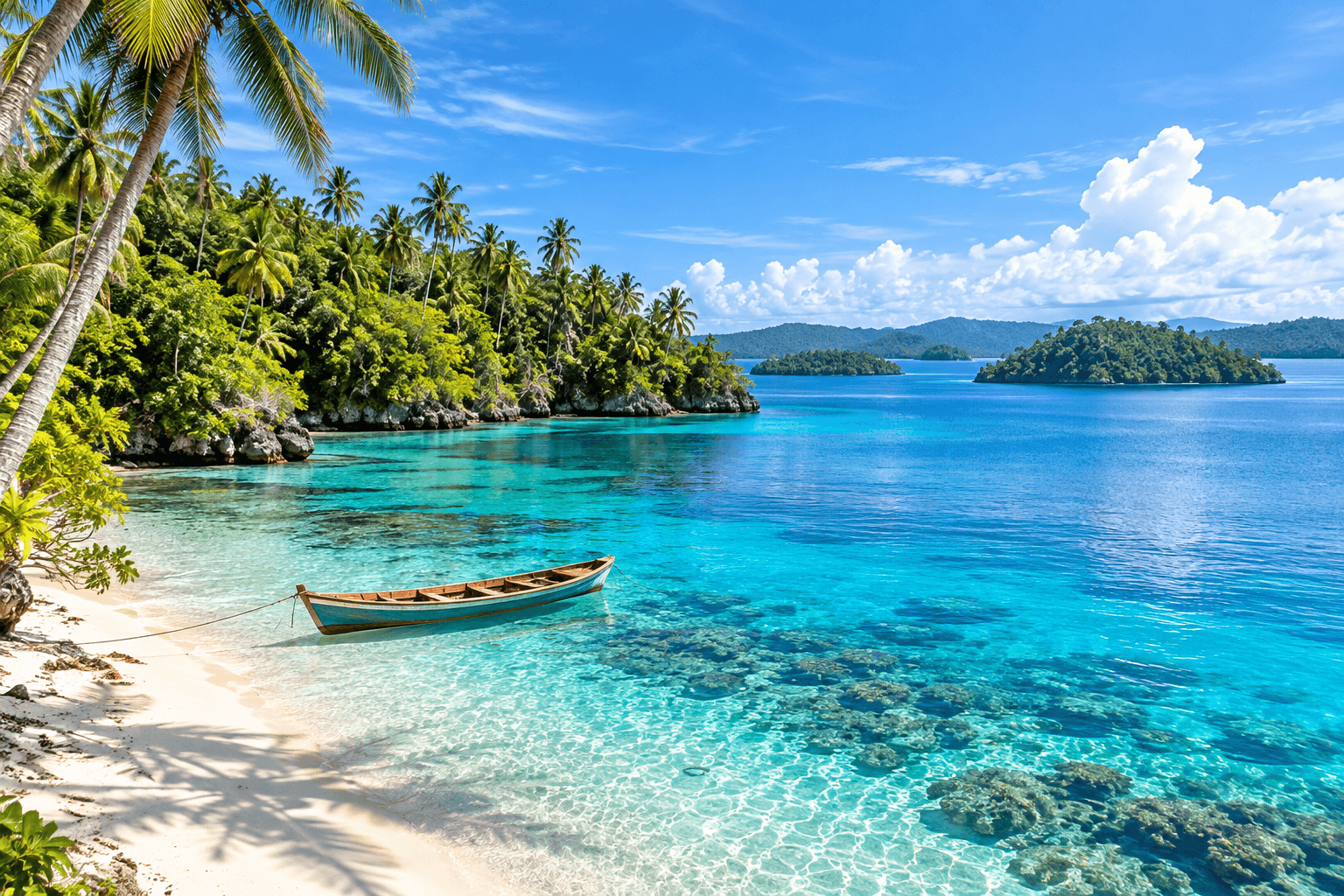 Peleng Island tropical beach with crystal clear turquoise water, white sand, palm trees, coral reef, and traditional boat in Banggai Islands, Indonesia.