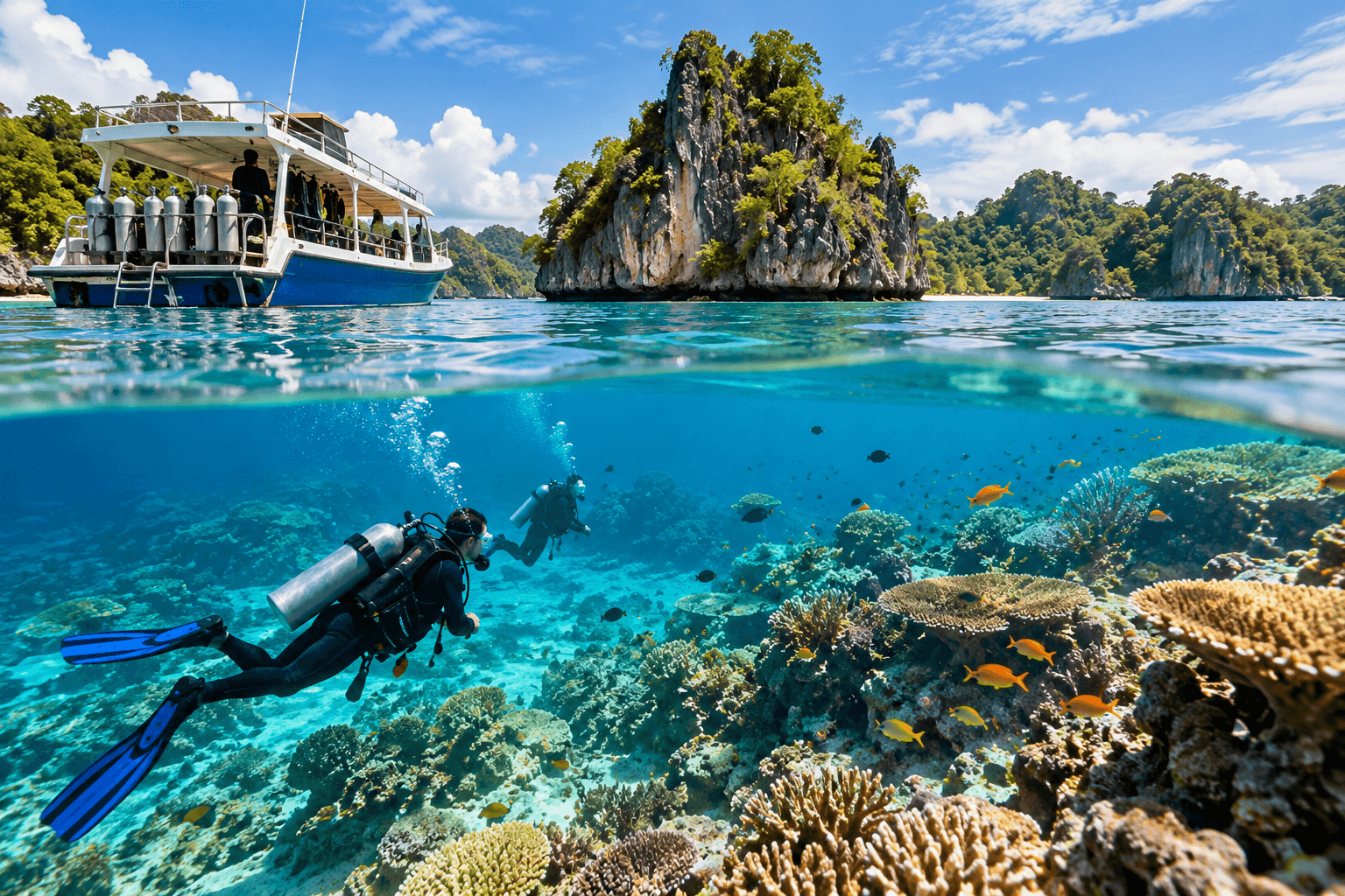 Banggai diving experience with scuba divers, coral reefs, tropical fish, diving boat, and clear turquoise water in Banggai Islands, Indonesia.