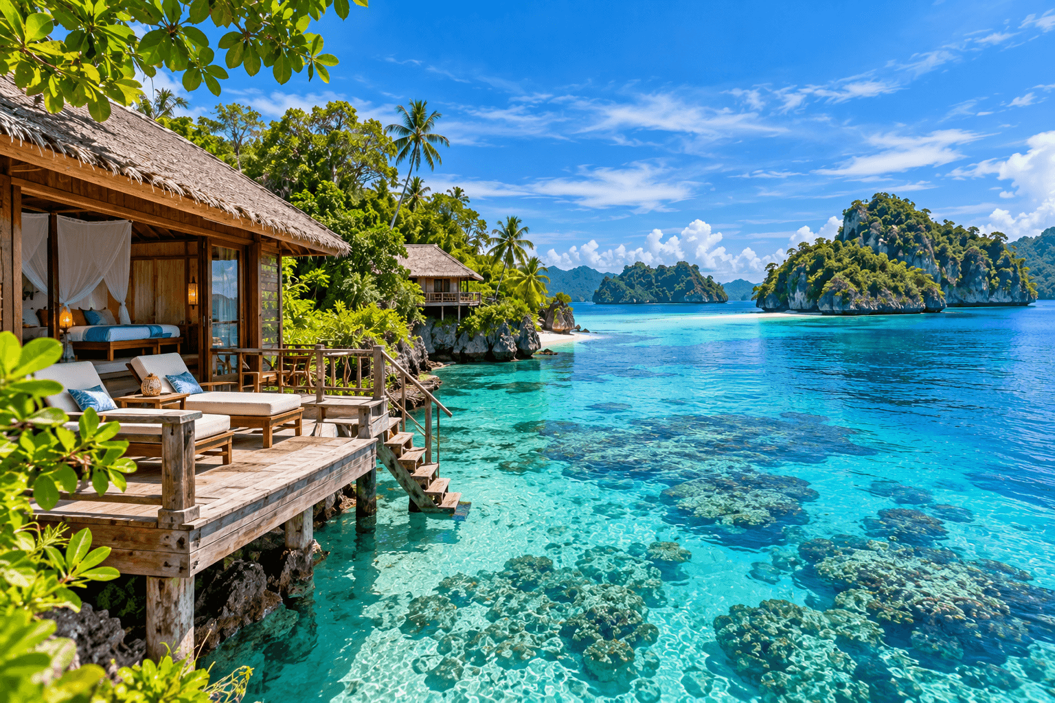 Banggai Islands resort and cottage overlooking crystal clear turquoise water, coral reefs, tropical islands, and a peaceful beachfront in Central Sulawesi, Indonesia.