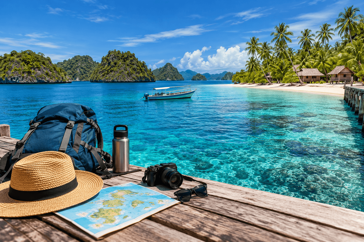 Banggai Islands budget travel with tropical beach, turquoise sea, traditional boat, backpack, camera, and affordable accommodation in Indonesia.