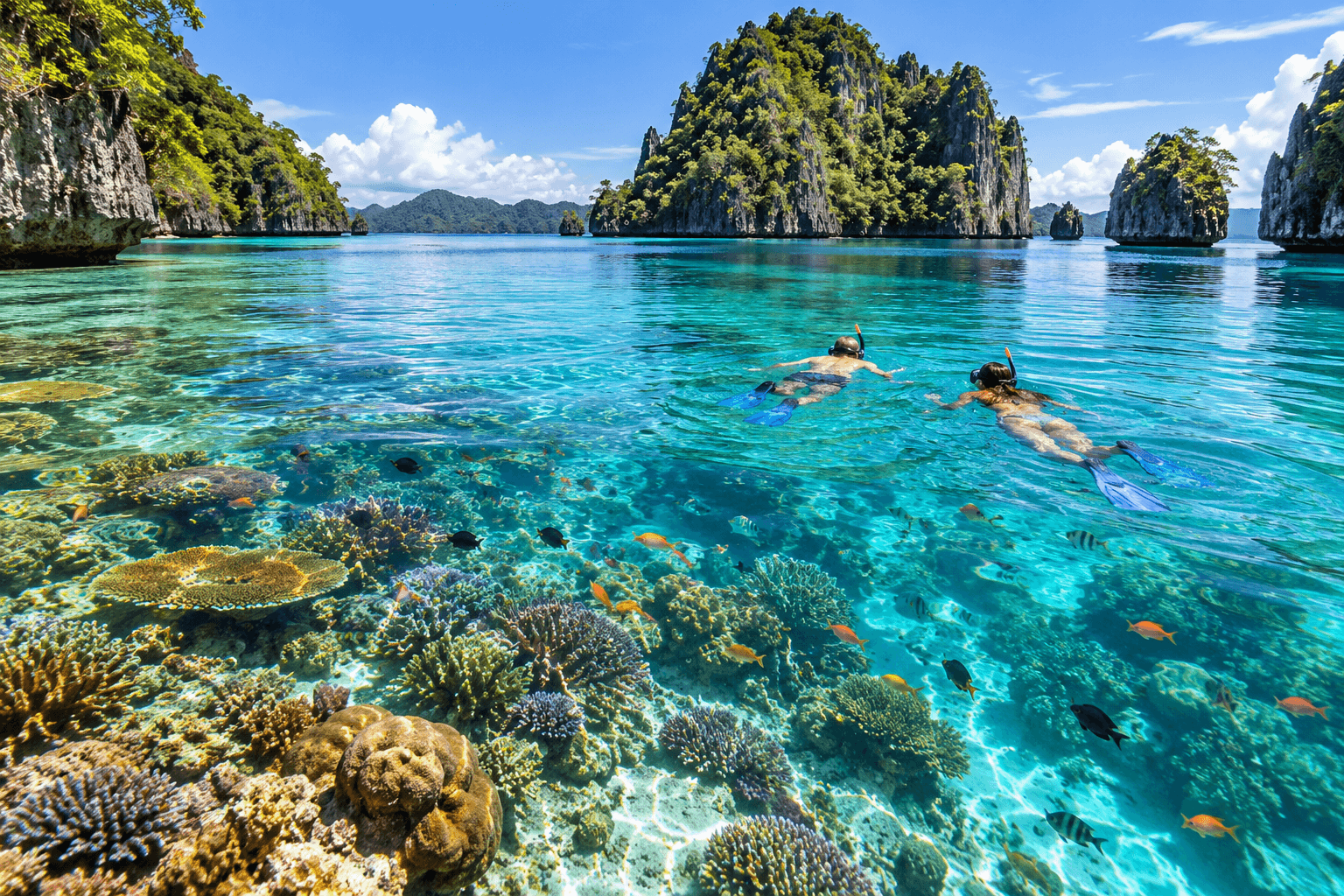 Snorkeling in Banggai Islands with crystal clear turquoise water, colorful coral reefs, tropical fish, limestone islands, and two snorkelers exploring the marine life in Indonesia.