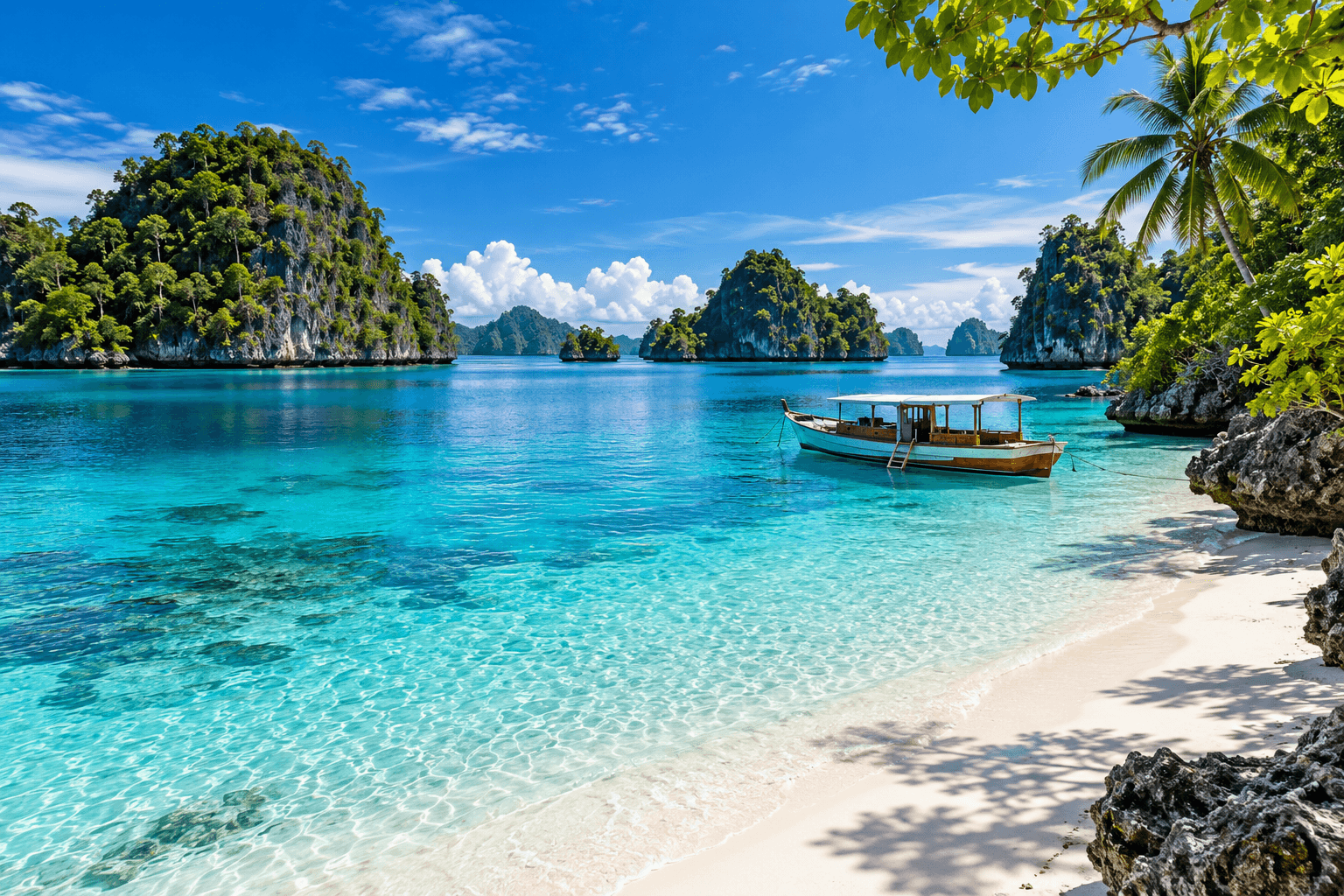 Banggai Islands tour for beginners with crystal clear turquoise water, white sand beach, tropical limestone islands, and traditional boat in Indonesia.