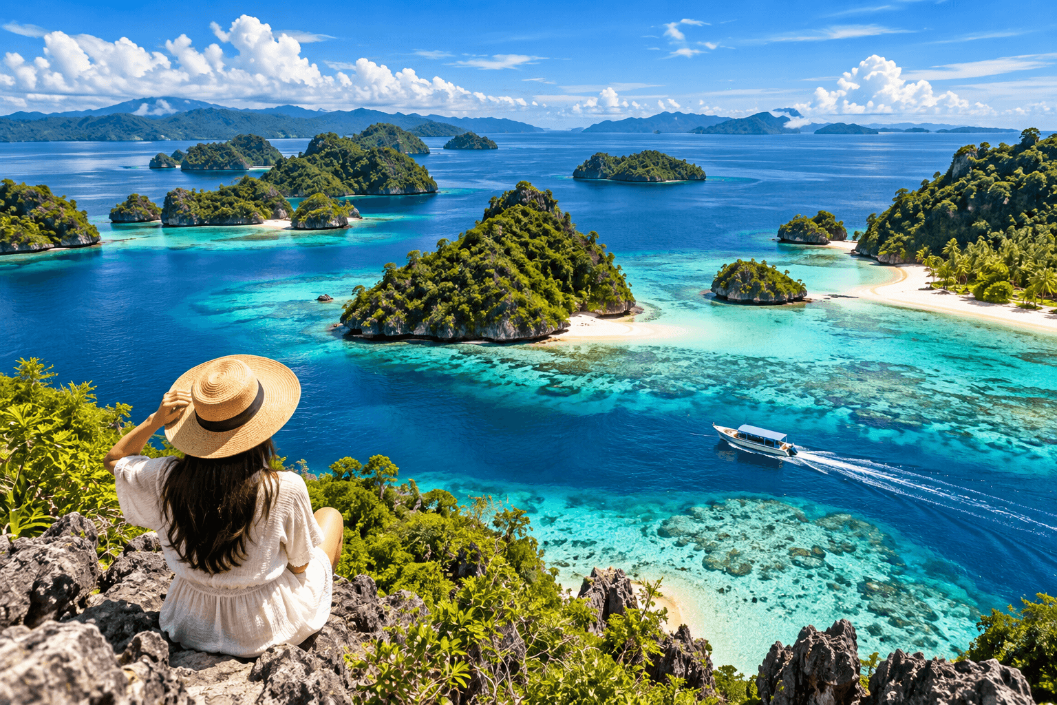 Island hopping in Banggai Islands with turquoise sea, tropical islands, white sand beaches, coral reefs, speedboat, and scenic viewpoint in Indonesia.