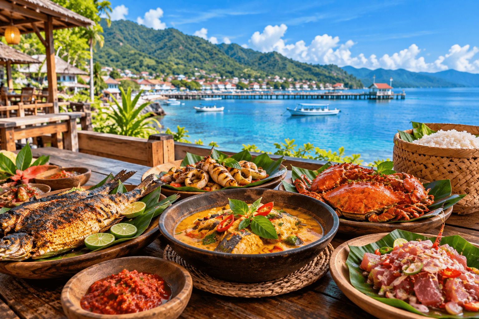 Luwuk Banggai local culinary dishes featuring grilled fish, seafood, sambal, rice, and traditional Indonesian food by the seaside in Central Sulawesi.