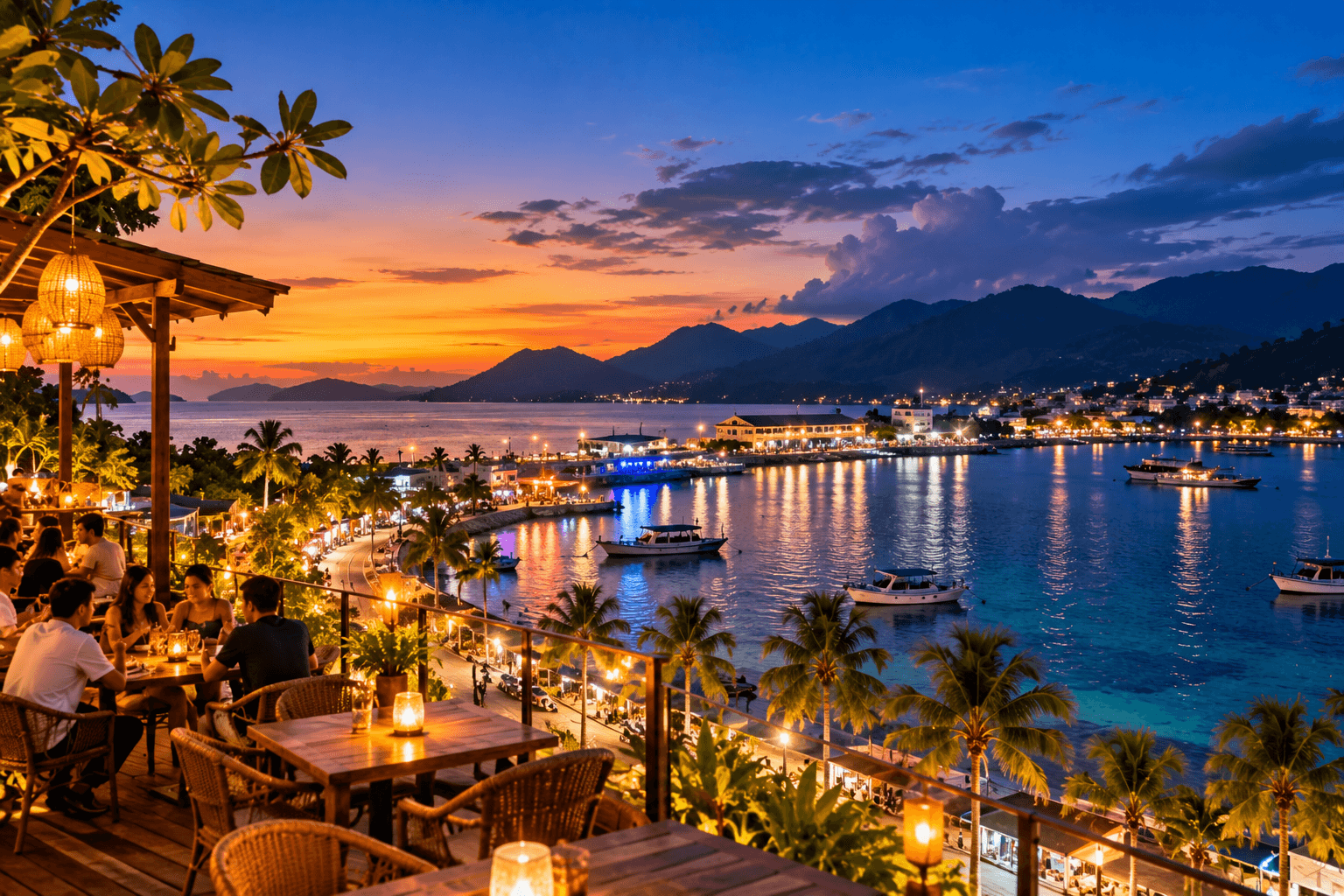 Luwuk nightlife with waterfront city lights, rooftop dining, boats, tropical palm trees, and sunset views over Luwuk Bay, Central Sulawesi, Indonesia.