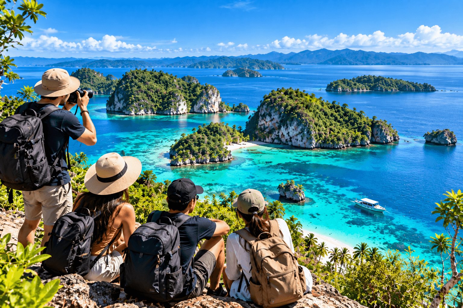 Open Trip Luwuk Banggai 2026 with travelers, tropical islands, turquoise sea, white sand beaches, and boat tour in Banggai, Indonesia.
