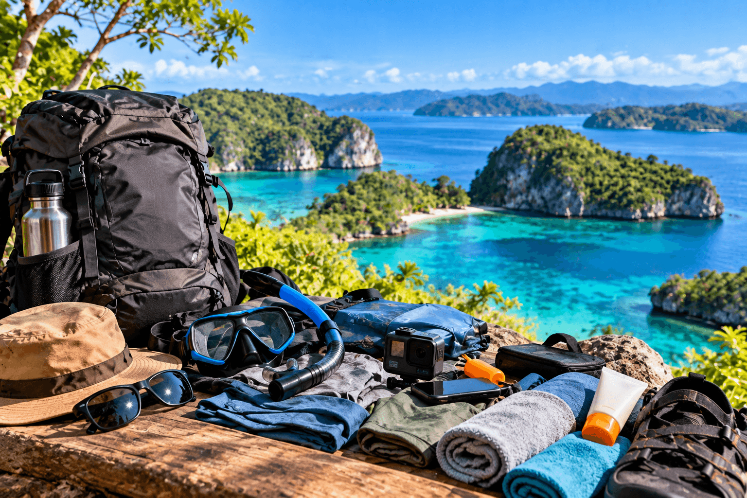 Open Trip Paisupok packing checklist with backpack, snorkeling gear, camera, hat, sunglasses, sunscreen, towels, and tropical island scenery in Banggai, Indonesia.